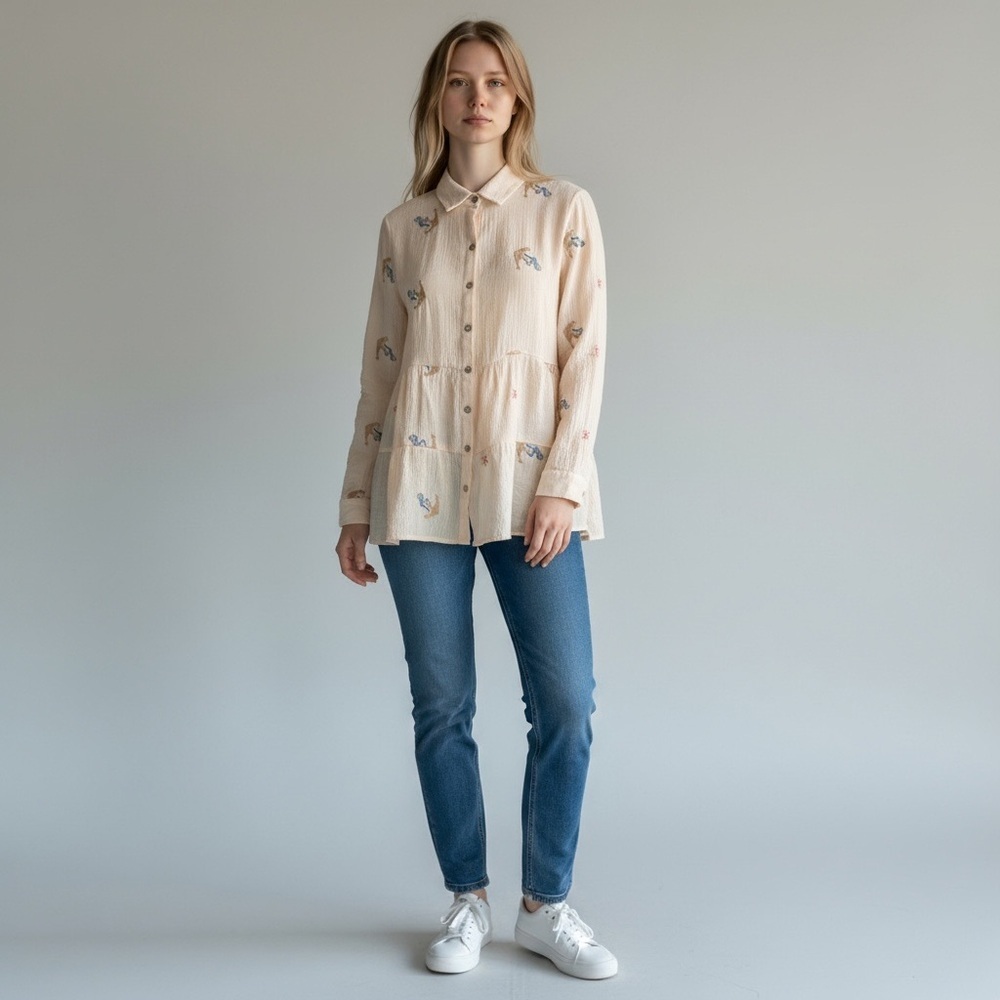 Hope Springs Nautical Embroidered Tiered Button-Up Blouse